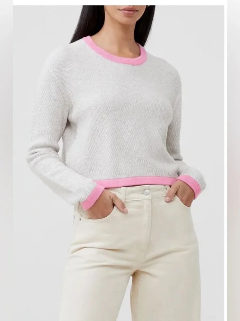 French Connection Mozart Crewneck Cropped Sweater Pink and Gray L